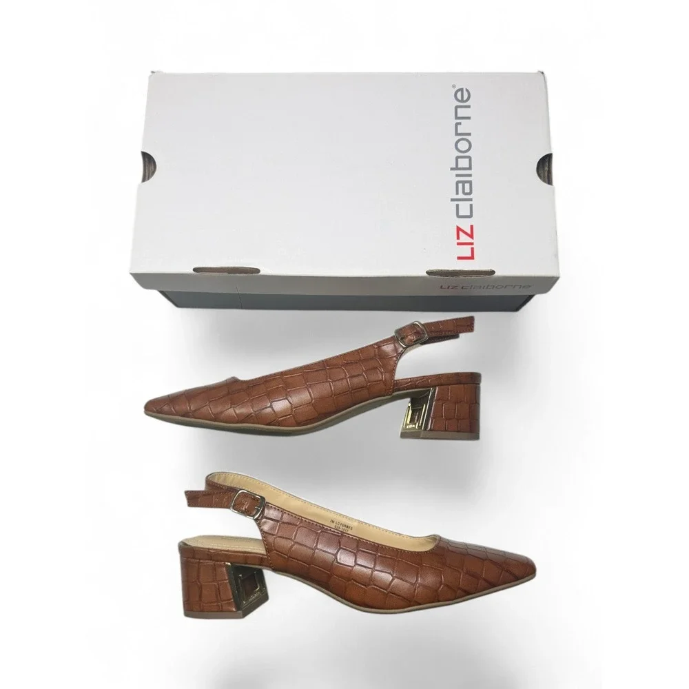 Liz Claiborne LC Forbes Cognac Croc Slingback Block Heel Pumps Womens 7M NEW